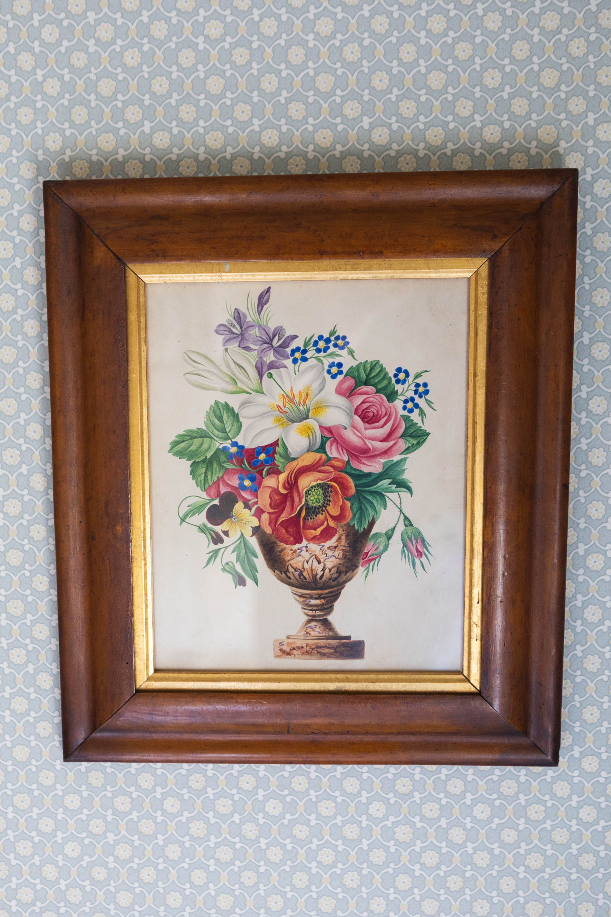 A Birds Eye Maple Framed Floral Watercolour