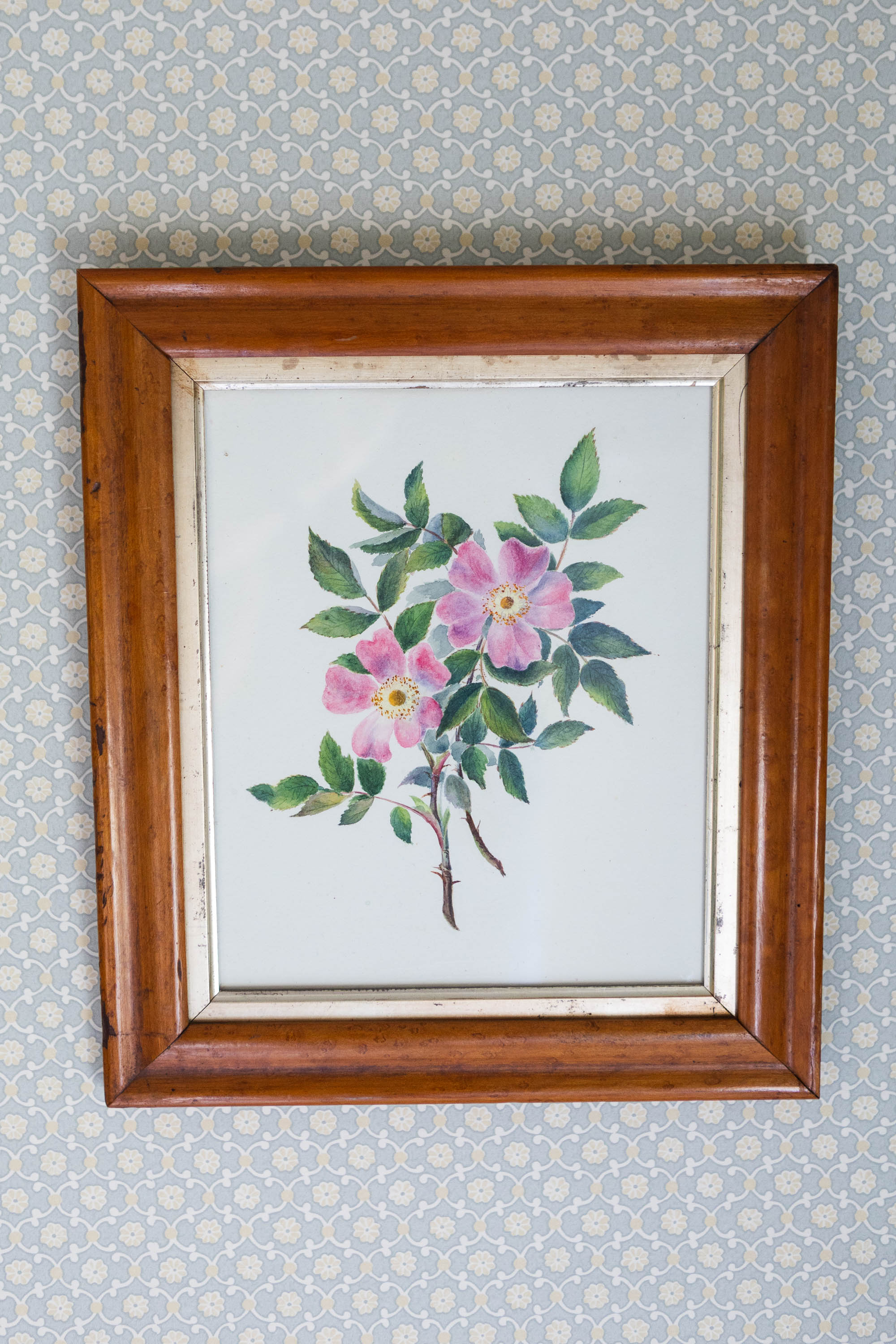 A Birds Eye Maple Framed Floral Watercolour